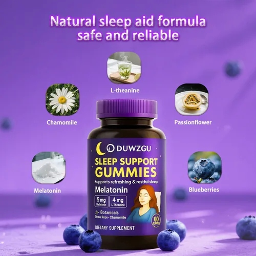 Vista 2 de Gomitas para dormir para adultos – Melatonina, L-teanina, manzanilla y bálsamo de limón – Sabor a bayas – Vegano, sin OGM – 60 gomitas nocturnas