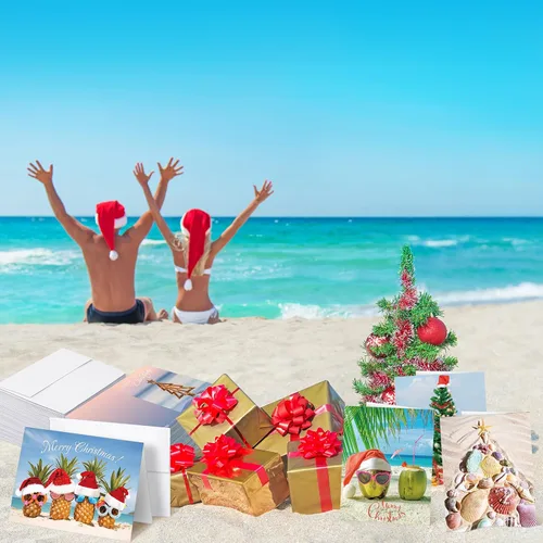 Vista 7 de Ctosree 60 juegos de tarjetas de felicitación de Navidad en julio, verano, estilo playa, a granel, con sobres y calcomanías para suministros