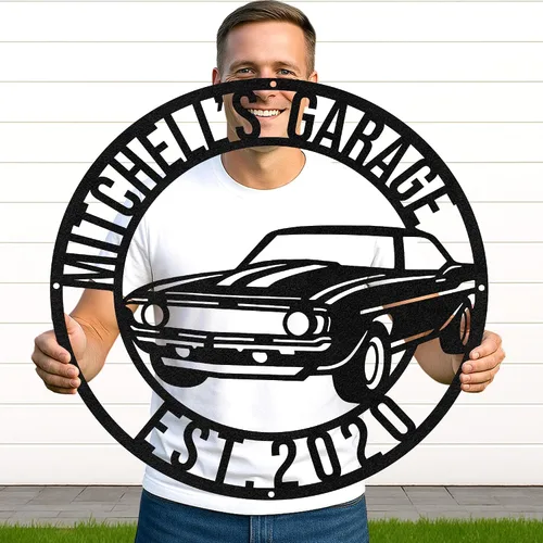 Vista 39 de Letrero de metal personalizado para garaje, arte de pared personalizado para hombres, decoración de taller mecánico con nombre, decoración