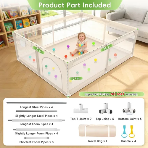 Vista 3 de Corralito para bebés y niños pequeños, 79 x 71 pulgadas, corralito de juego extragrande con cubierta de malla suave y transpirable, corral