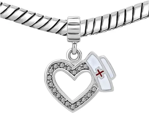 Vista 3 de KunBead Abalorios colgantes de corazón con diseño de corazón para enfermera, con diseño de cruz compatibles con pulseras Pandora, Cobre, vidrio