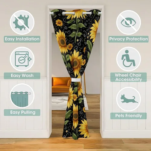 Vista 3 de Cortina de puerta de girasol para puerta, privacidad de abeja, cortina opaca para niños y niñas, cortina floral amarilla, linda cortina de puerta