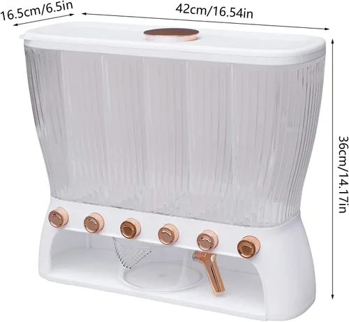 Vista 2 de Dispensador de alimentos secos de almacenamiento de arroz de 6 rejillas, dispensador de granos con taza medidora, dispensador de arroz de 22 libras