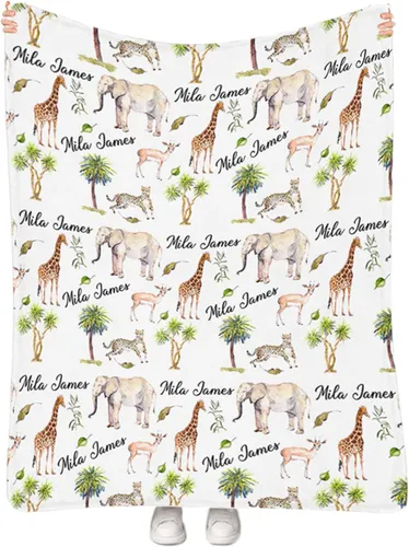 Vista 9 de Artsadd Manta personalizada con nombre, manta personalizada de animales de la selva, manta personalizada de safari para niños, niñas, baby shower