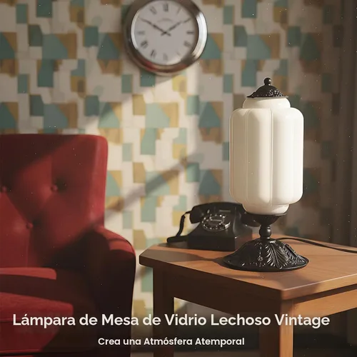 Vista 3 de Lámpara de mesa vintage de vidrio de leche con control táctil, elegante lámpara de noche de vidrio blanco regulable de 3 vías con puertos de carga