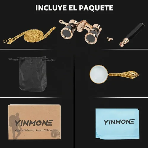 Vista 9 de Binoculares de ópera de lujo de 3 x 25 pulgadas con mango ajustable, cadena y lupa real, lente óptica, mini prismáticos compactos vintage