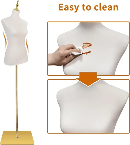 Vista 4 de Maniquí femenino, maniquí ajustable de 54" a 76" de altura con torso y soporte metálico y superficies de cuero para mostrar faldas y camisas