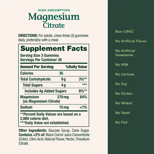 Vista 6 de Nature's Bounty Gomitas de Citrato de Magnesio para Adultos, Apoya la Salud General, Huesos, Nervios, Músculos y Salud del Corazón, 270mg por