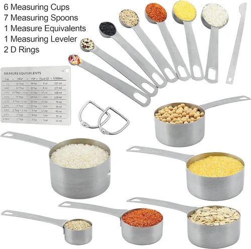 Vista 2 de Smithcraft Juego de 15 tazas y cucharas medidoras de acero inoxidable 18/8 métricas y estadounidenses para hornear y cocina, 6 tazas medidoras y 7