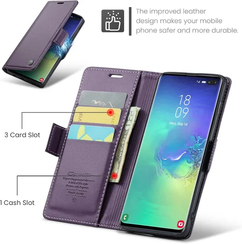 Vista 3 de Funda tipo cartera para Samsung Galaxy S10+ Plus, con soporte magnético, funda protectora de piel con tapa con ranuras para identificación