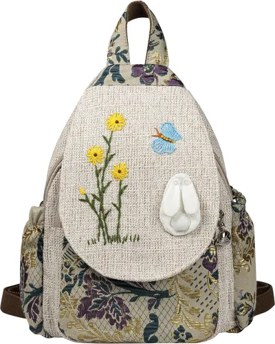 Vista 123 de HUANGGUOSHU Mochila de algodón tejida de algodón bohemio con bordado de lona estilo bohemio con múltiples bolsillos retro linda mochila cartera