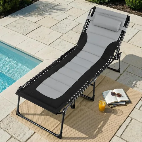 Vista 9 de TLSUNNY Sillón plegable acolchado con almohada y bolsillo lateral Negro- gris