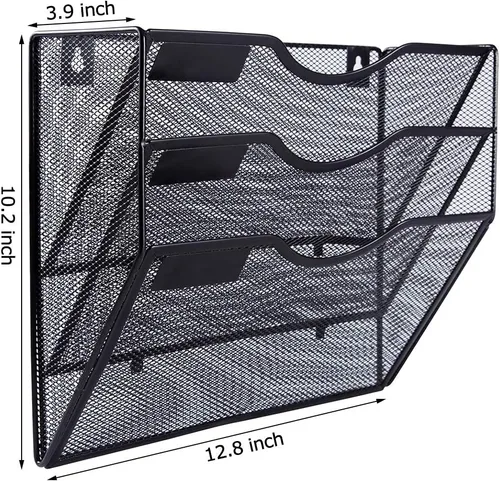 Vista 2 de EASEPRES Organizador de archivos de malla de 3 bolsillos para colgar en la pared, carpeta de papel para correo montada en la pared, organizador