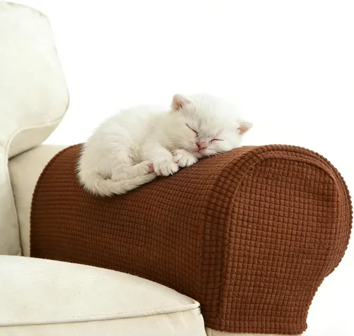 Vista 6 de Paquete de 2 fundas de sofá color amarillo cálido, protectores de arañazos de gatos navideños para muebles beige, fundas elásticas antideslizantes