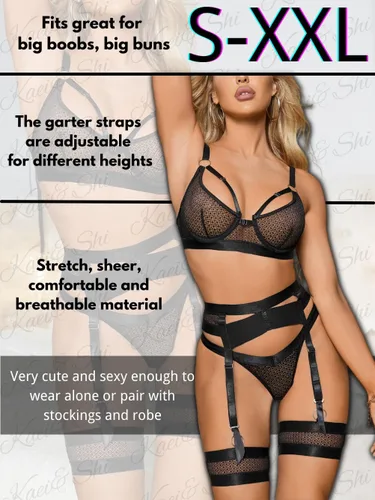 Vista 72 de Kaei&Shi - Lencería con liguero para mujer, conjunto de encaje traslúcido y sexy de 4 piezas combinadas