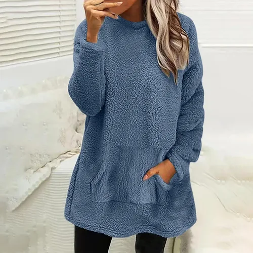 Vista 6 de Sudadera Sherpa para mujer, cuello redondo, forro polar, cálida, peluda, con bolsillo tipo canguro
