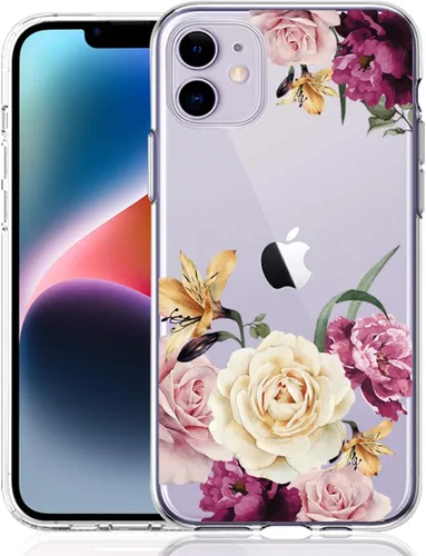 Vista 10 de Compatible con iPhone 11, funda transparente con flores florales a prueba de golpes, parte trasera dura, delgada, bonita funda transparente