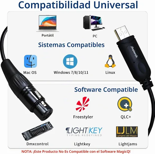 Vista 3 de Cable adaptador de interfaz USB a DMX con chip FT232RNL compatible con Freestyler/QLC+/ Dmxcontrol/Soundswitch/Lightkey/Lightjams (10FT/3M)