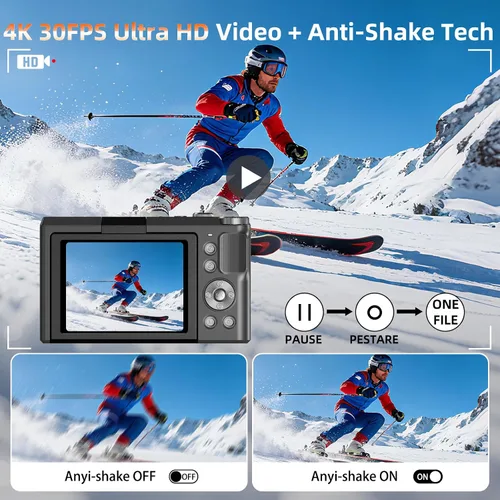 Vista 3 de Cámara digital 4K para fotografía, cámara de enfoque automático de 56 MP con pantalla abatible de 180° de 3 pulgadas, cámara compacta de viaje