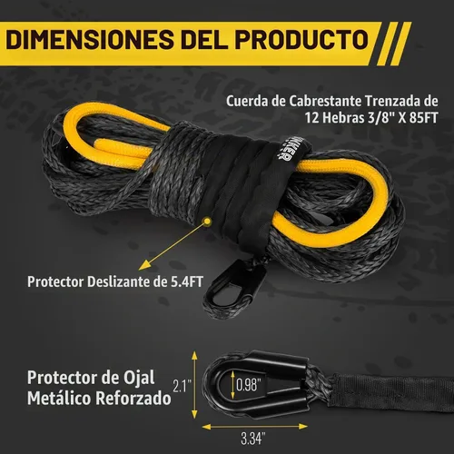 Vista 6 de BUNKER INDUST Cuerda de cabrestante sintética de 3/8 pulgadas x 85 pies, cable de cabrestante de 25000 libras de repuesto con funda protectora