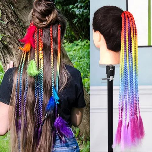 Vista 7 de Extensiones de cabello con trenzas de colores con bandas de goma, extensiones sintéticas trenzadas arco iris, accesorios para el cabello de cola