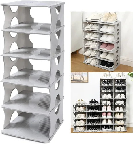 Vista 10 de Zapatero grueso de 6 niveles, organizador de almacenamiento apilable para entrada de dormitorio, estante ajustable, estante con ranuras para Negro