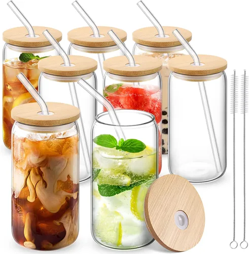 Vista 11 de CWHHRN Vasos de vidrio con tapas y pajitas, vasos de 16 onzas, tazas de café helado, vaso de vidrio con tapa, ideal para soda, té Boba Cocktai
