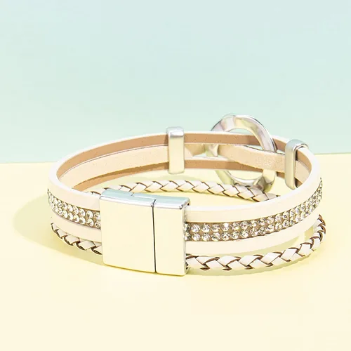 Vista 5 de FANCY SHINY Pulsera de cuero con diamantes de imitación circular, apilable, multicapa, con cierre, joyería bohemia, regalo para mujer