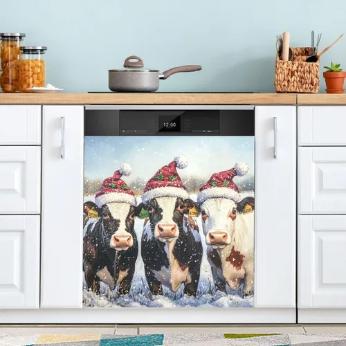 Vista 5 de Nander Bonita funda magnética de vaca de Navidad para lavavajillas de 23 x 26 pulgadas, cubierta magnética reutilizable para nevera, microondas