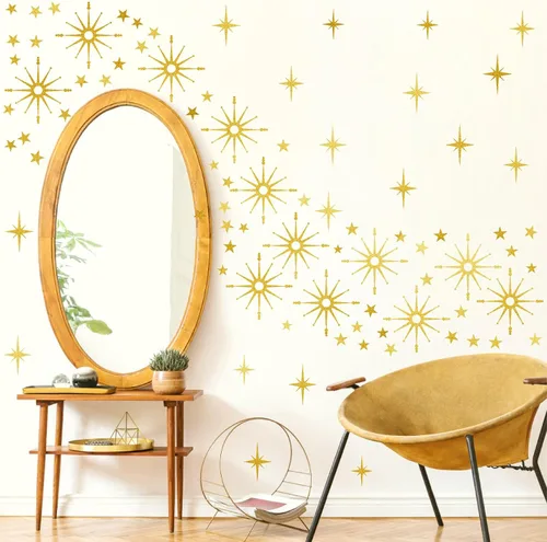 Vista 3 de Calcomanías de pared con estrella dorada, diseño retro de explosión de estrellas, calcomanías para dormitorio, sala de estar, decoración de techo