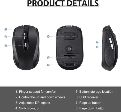Vista 5 de Macarrie Paquete de 8 ratones inalámbricos para computadora portátil de 1200 dpi, mouse inalámbrico a granel con 6 botones incluidos, receptor USB