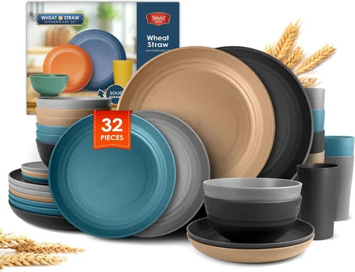 Vista 29 de Teivio Juego de vajilla de plástico de paja de trigo de 32 piezas para cocina, servicio para 8, platos, cuencos y tazas irrompibles, vajilla