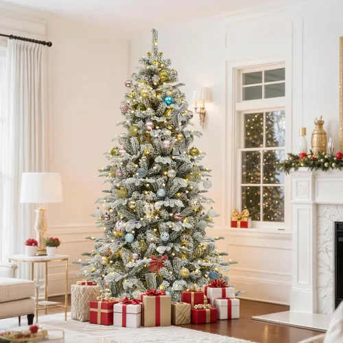 Vista 7 de GOOBED 6.5 ft Prelit Snow Flocked Christmas Tree, Layered Spruce w/Remote Christmas Tree w/ 760 Thickened Branch Tips, 350 Lights for Home, Office