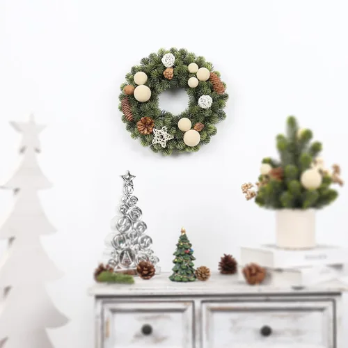 Vista 6 de Pequeña corona de Navidad, bola de terciopelo beige artificial de 13 pulgadas, mini coronas para decoración de Navidad de puerta delantera