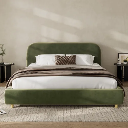 Vista 13 de Merax Cama de plataforma tapizada de tela Boucle tamaño Queen con cabecera curvada, marco de cama de madera moderno con patas cilíndricas para Crema