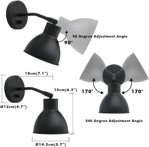 Vista 2 de Yosoan - Aplique de pared de lectura de 1 luz negro con interruptor de encendido y apagado Latón vintage industrial con ángulo de 340 grados
