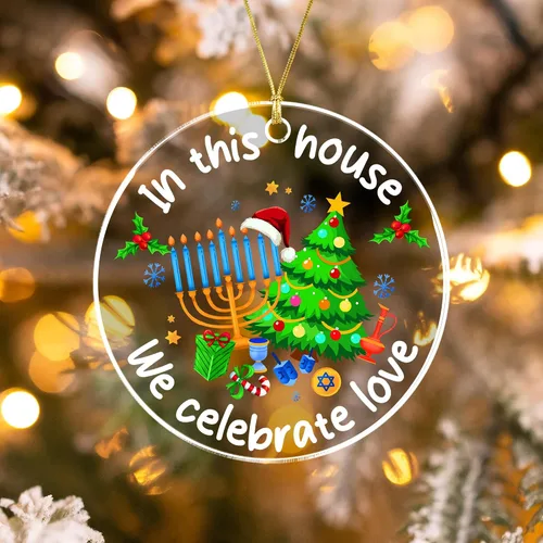 Vista 3 de Adorno Colgante para Árbol de Navidad de Janucá – En Esta Casa Celebramos el Amor – Adornos de Janucá para Árbol – Decoración Interreligiosa