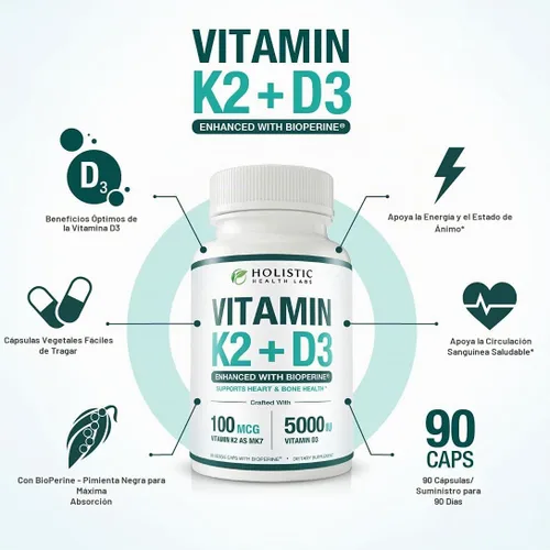 Vista 2 de Vitamina K2 + D3 de absorción máxima (5000UI), 90 cápsulas vegetales de MK-7 (Menaquinona-7) y colecalciferol (con BioPerina) Suministro de 3 meses