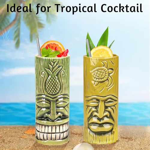 Vista 3 de SuproBarware Tiki - Juego de 2 tazas de cerámica para fiestas con pajitas, juego de tazas creativas grandes hawaianas grandes para bar