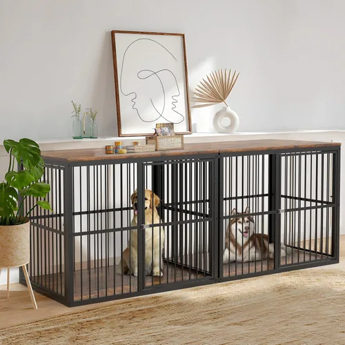 Vista 17 de Lyromix Mueble apilable para perros de 43 pulgadas, para razas grandes con habitaciones dobles, jaula de madera para perros, perrera resistente