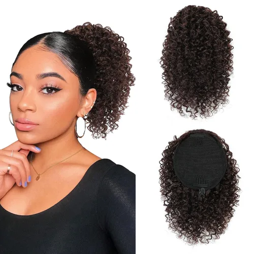 Vista 9 de Cola de caballo con cordón para mujeres negras, extensión de cola de caballo negra rizada para mujeres negras, extensiones de cabello sintético