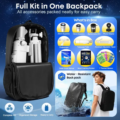 Vista 6 de Hawkko Telescope Kit for Kids 8-12, 80mm Aperture 500mm Portable Telescope
