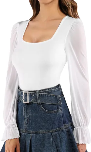 Vista 3 de MANGOPOP Long Sleeve Bodysuit for Women Square Neck & Mesh Ruffle Sleeves Casual Blouse Tops