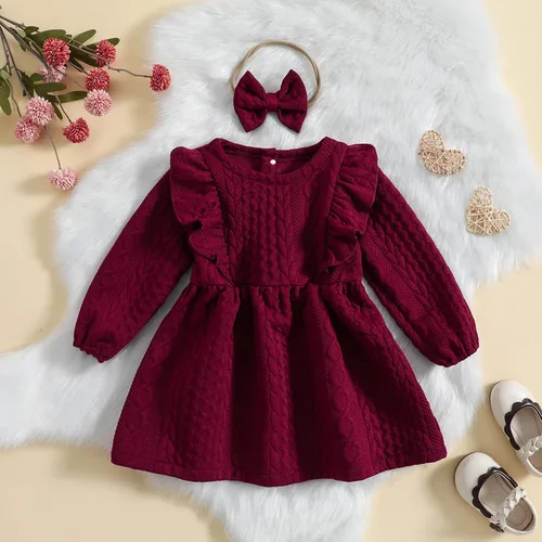 Vista 2 de Vestido de punto para niña, vestido de suéter de manga larga, vestido de otoño e invierno con corbatín