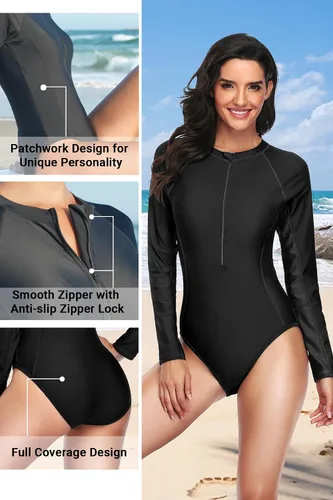 Vista 3 de Daci - Traje de baño de una pieza,camiseta de protección para mujer de manga larga, con cremallera y factor de protección solar 50 ideal