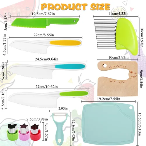 Vista 2 de Juego de cuchillos para niños, juego de cuchillos seguros para niños pequeños, cuchillos seguros para cocina real, bordes dentados, utensilios