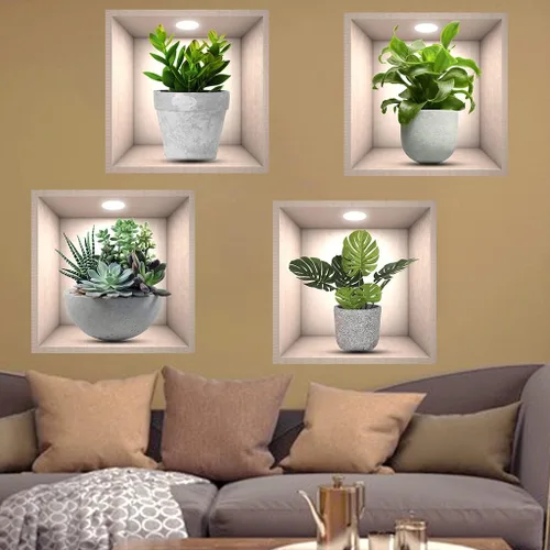 Vista 5 de iMagitek Paquete de 4 Pegatinas de Pared de Plantas Verdes 3D Calcomanías de Pared de Plantas Botánicas para Dormitorio, Sala de Estar, Cocina