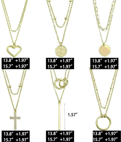 Vista 3 de Biokia 6 collares en capas para mujer, collares largos de oro, gargantilla, mapa, moneda, luna, creciente, collar con colgante en Y, multicapa