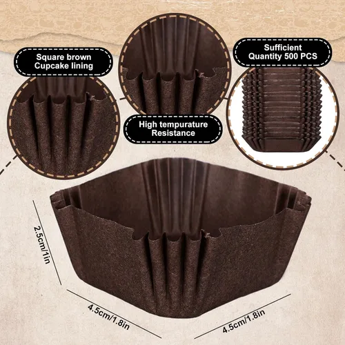 Vista 2 de Whaline 500 piezas de forros cuadrados marrones para cupcakes, desechables, brownie, tazas para hornear, color café, envoltorios para cupcakes