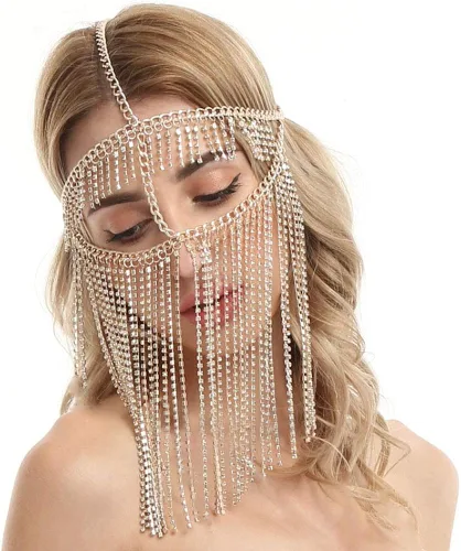 Vista 4 de Tipmant Máscara facial sexy para mujer, cadena con colgante de cristal para fiestas, baile, baile del vientre, escenario, cosplay, metal, dorado